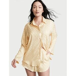 Victoria's Secret Faded Wheat Butter Yellow Check Satin PJ Top Old Money Preppy